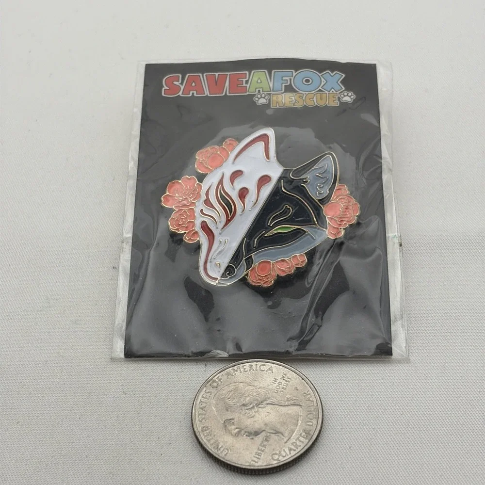 Save A Fox Rescue Black & White Fox Flowers Lapel Hat Pin